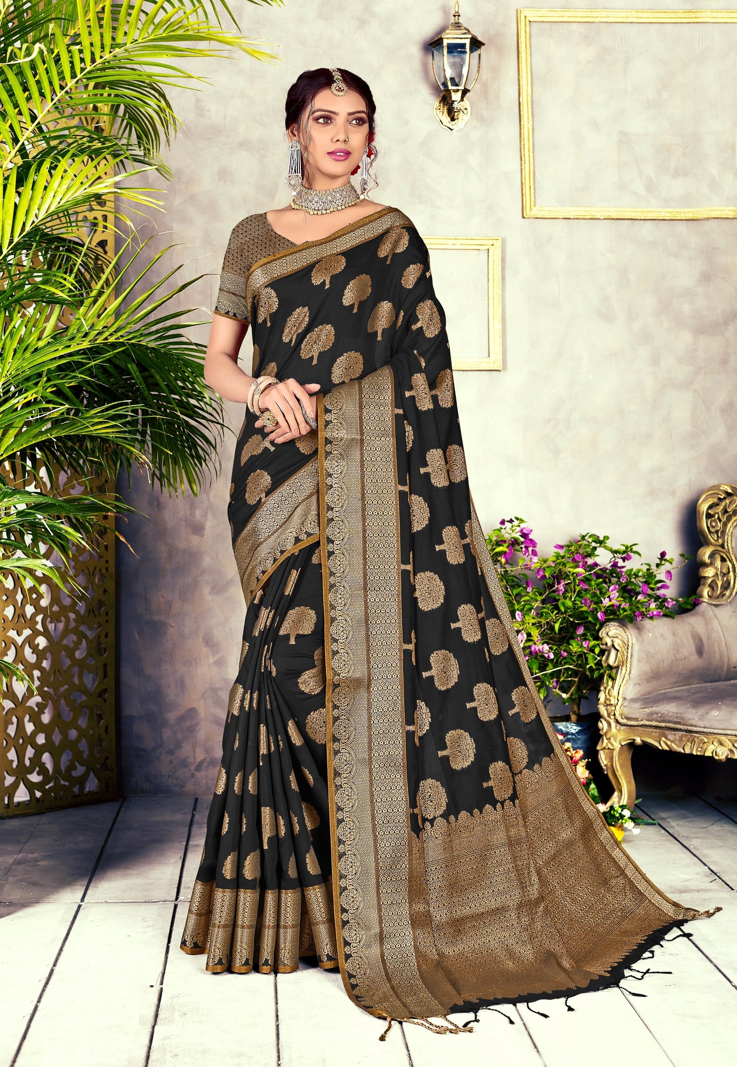 GJ Black Diamond Ebony Black Zari Woven Design Cotton Blend Saree
