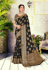 GJ Black Diamond Ebony Black Zari Woven Design Cotton Blend Saree