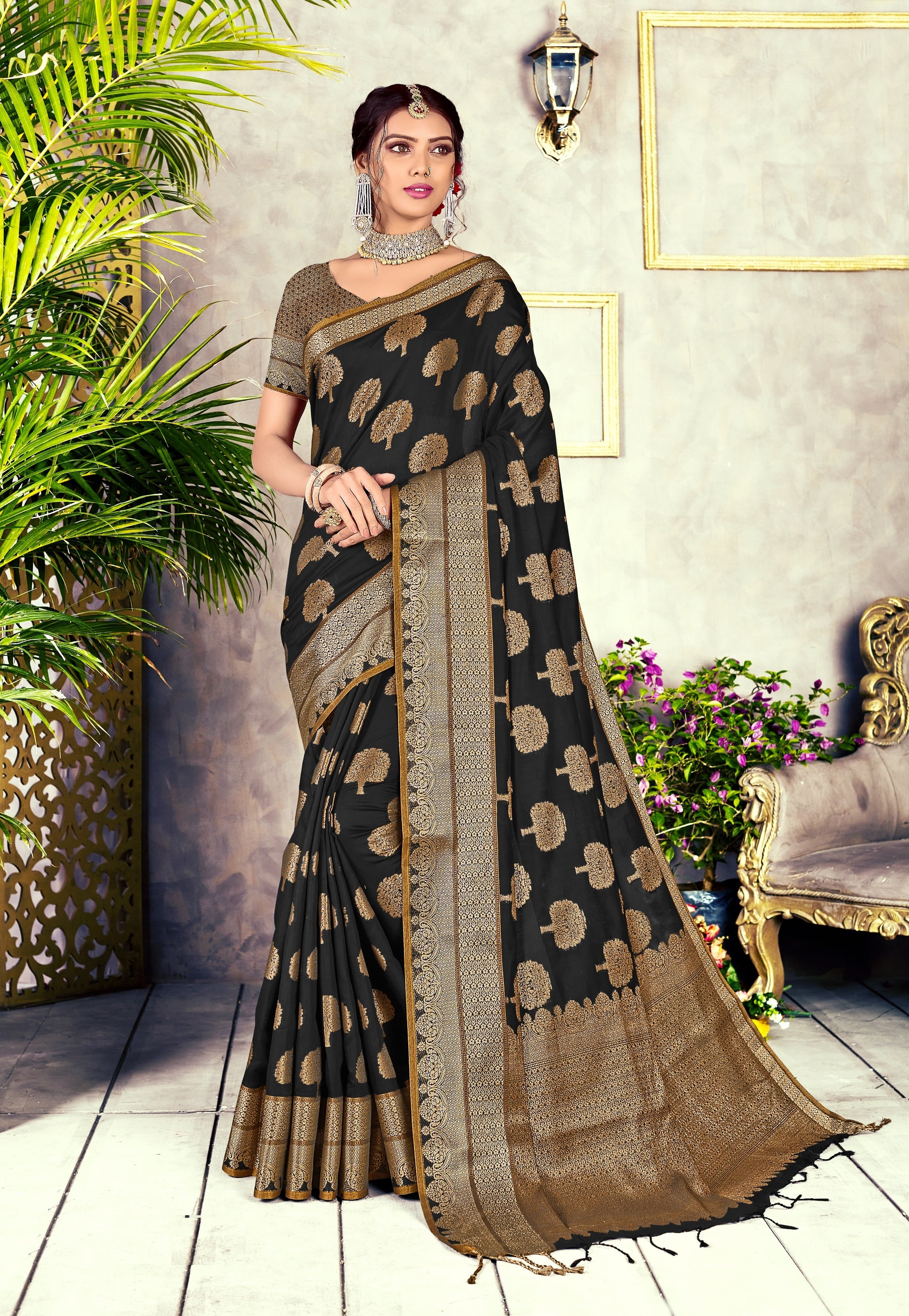 GJ Black Diamond Ebony Black Zari Woven Design Cotton Blend Saree