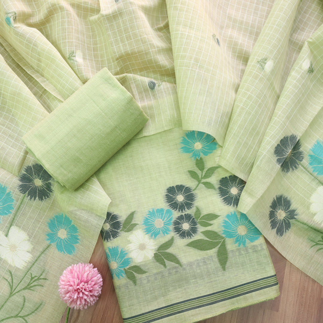 Minimalist Muse Green Soft Muga Cotton Jamdani Unstitched Suit Set
