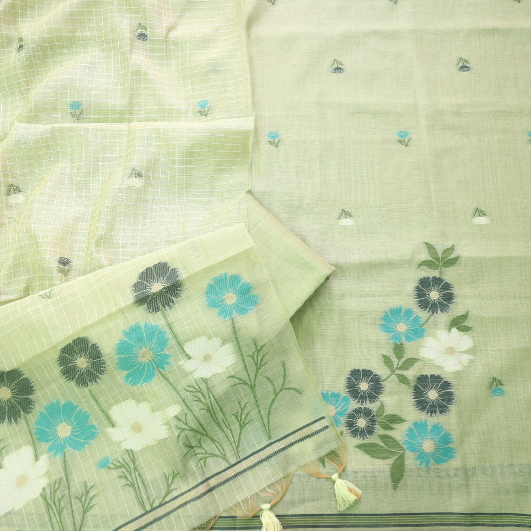 Minimalist Muse Green Soft Muga Cotton Jamdani Unstitched Suit Set