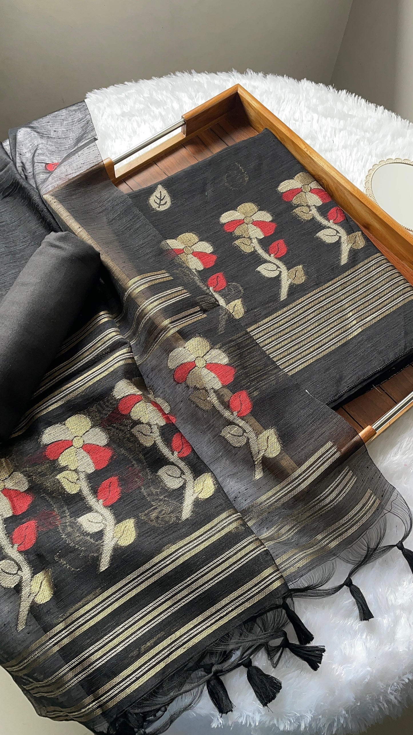 Ethereal Threads Black Jamdani Muga Silk Unstitched Suit Set