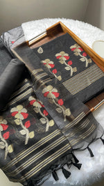 Load image into Gallery viewer, Ethereal Threads Black Jamdani Muga Silk Unstitched Suit Set
