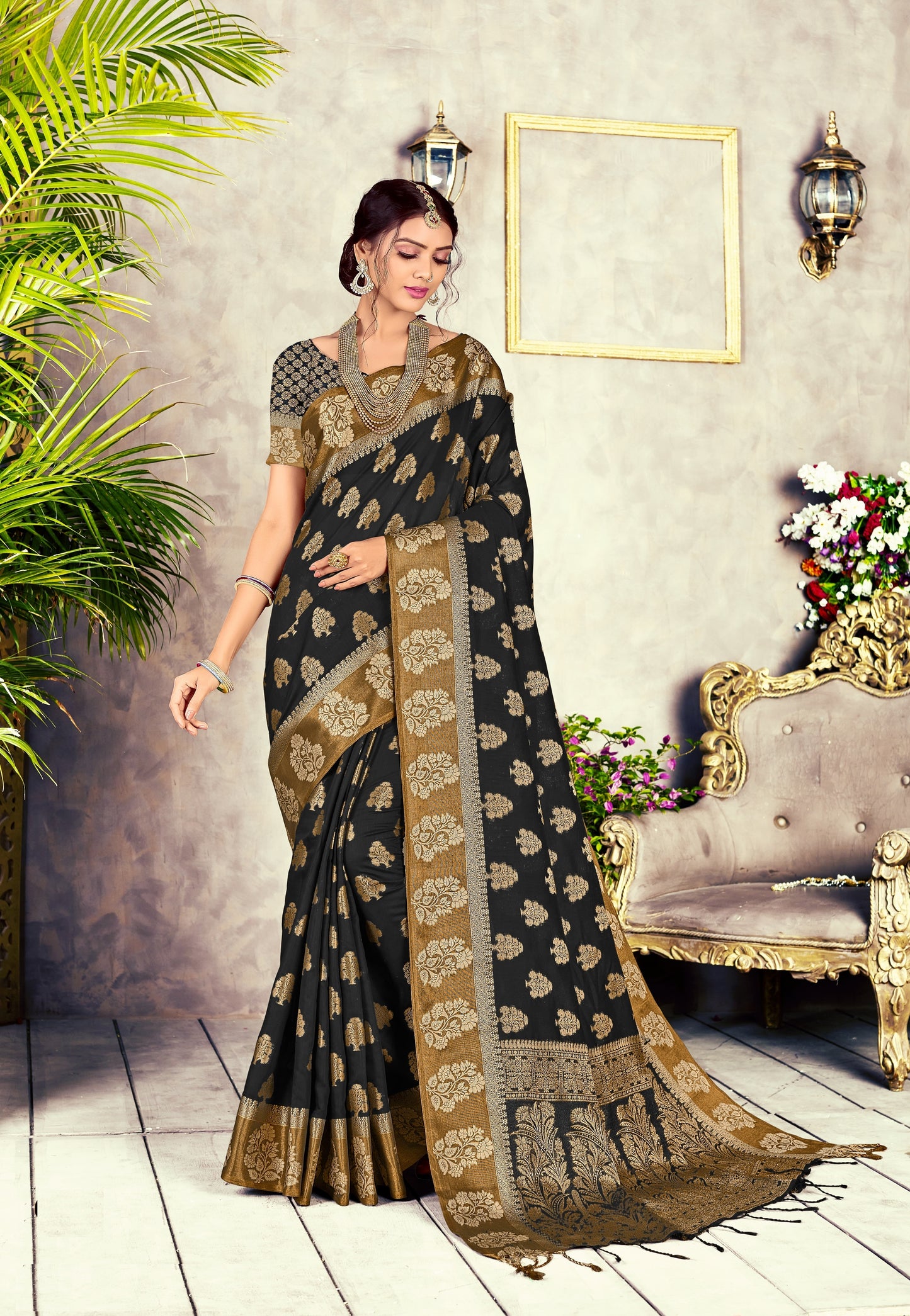 GJ Black Diamond Pitch Black Zari Woven Design Cotton Blend Saree