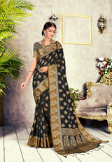 GJ Black Diamond Pitch Black Zari Woven Design Cotton Blend Saree