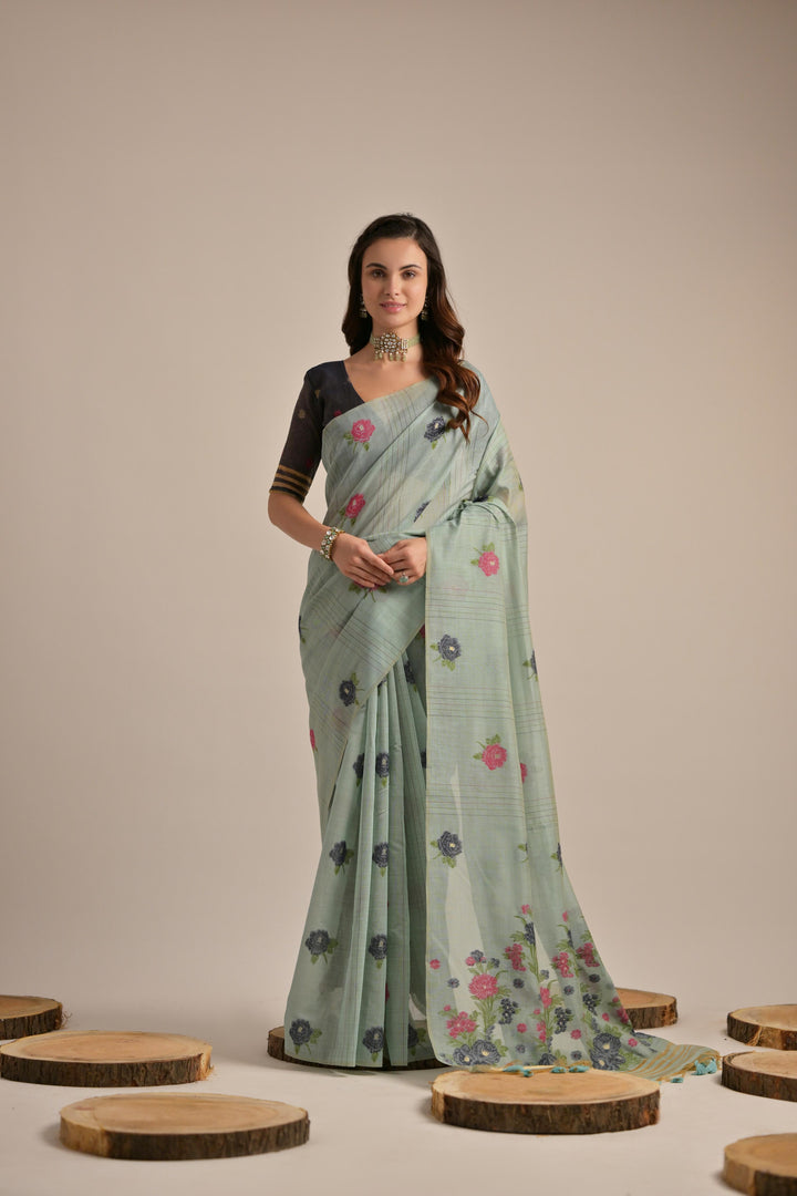 Arisaa Firozi Blue Muga Cotton Saree