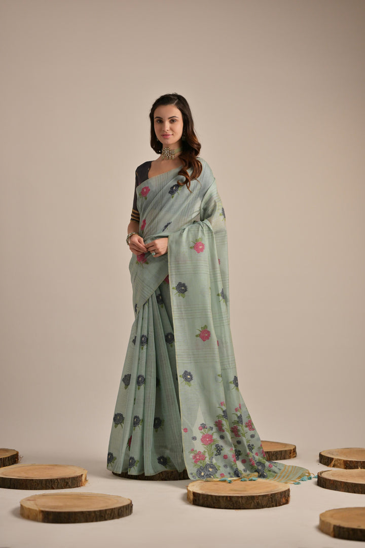 Arisaa Firozi Blue Muga Cotton Saree