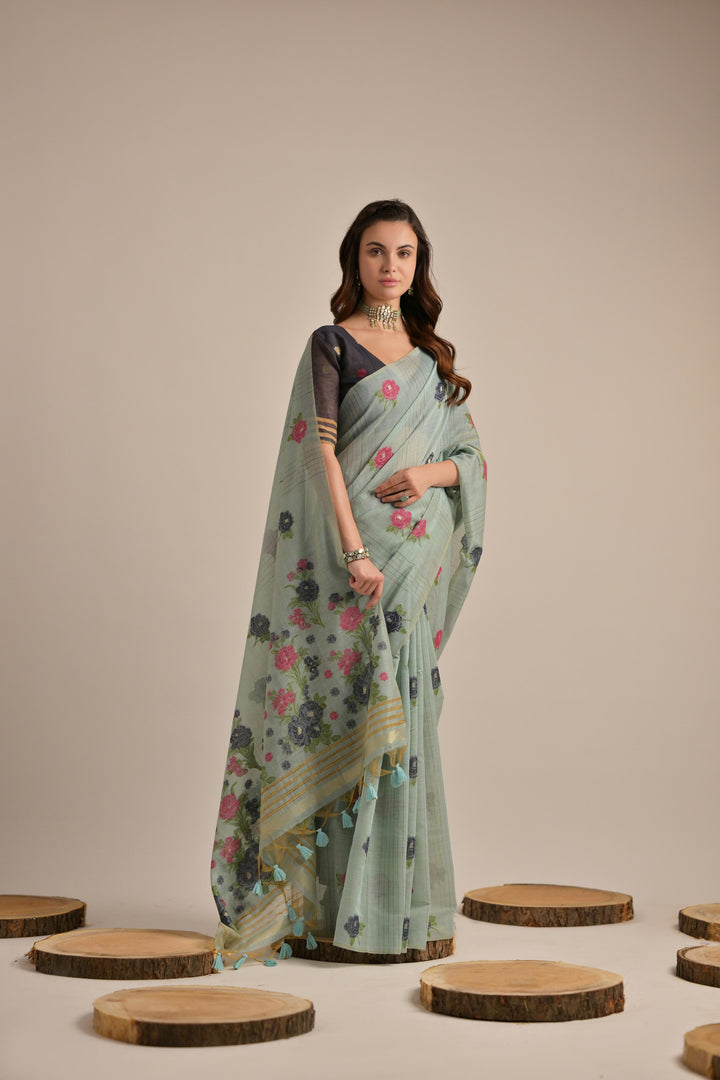 Arisaa Firozi Blue Muga Cotton Saree
