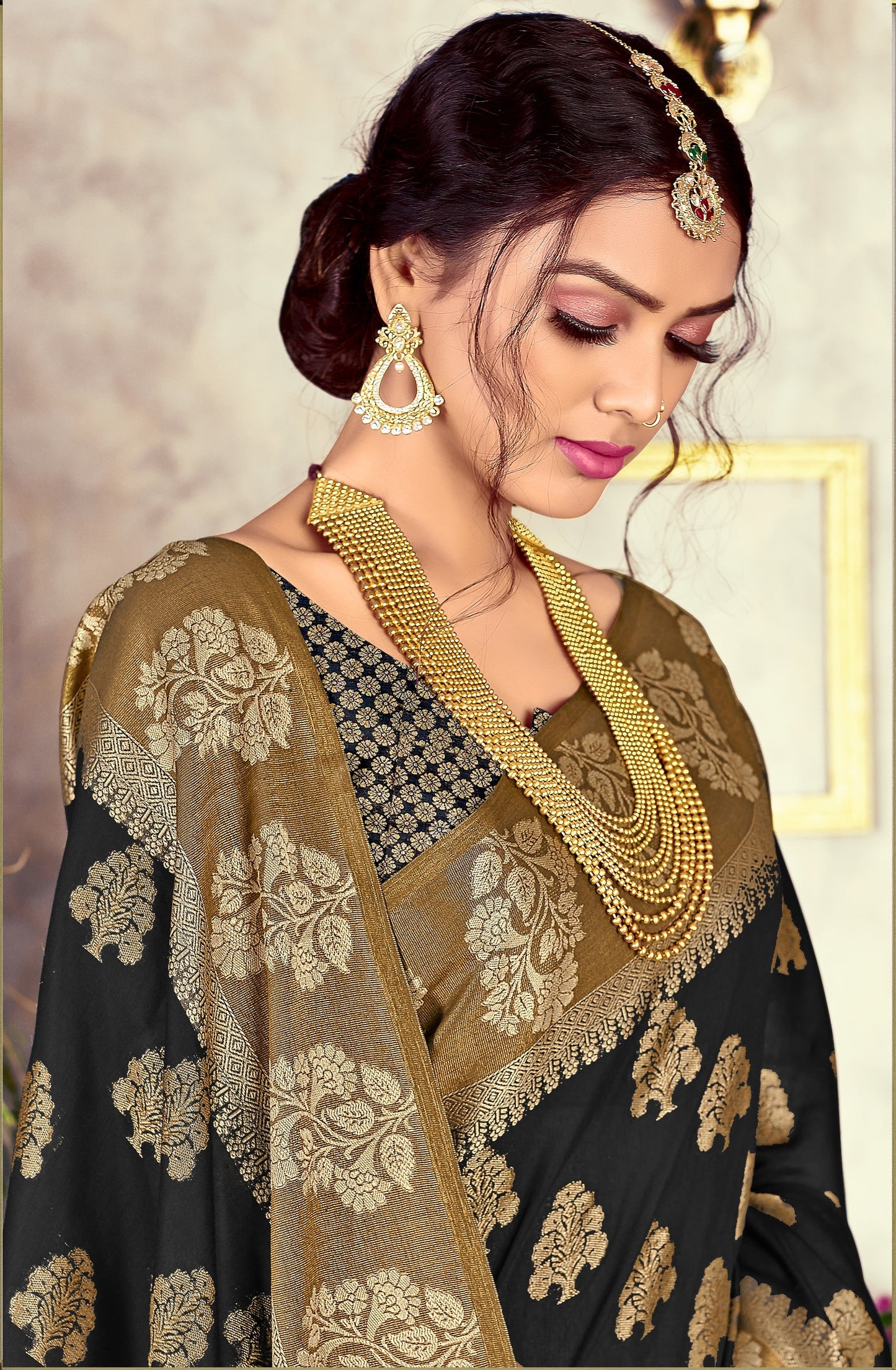 GJ Black Diamond Pitch Black Zari Woven Design Cotton Blend Saree