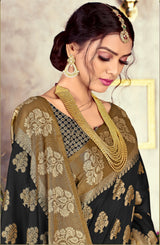 GJ Black Diamond Pitch Black Zari Woven Design Cotton Blend Saree