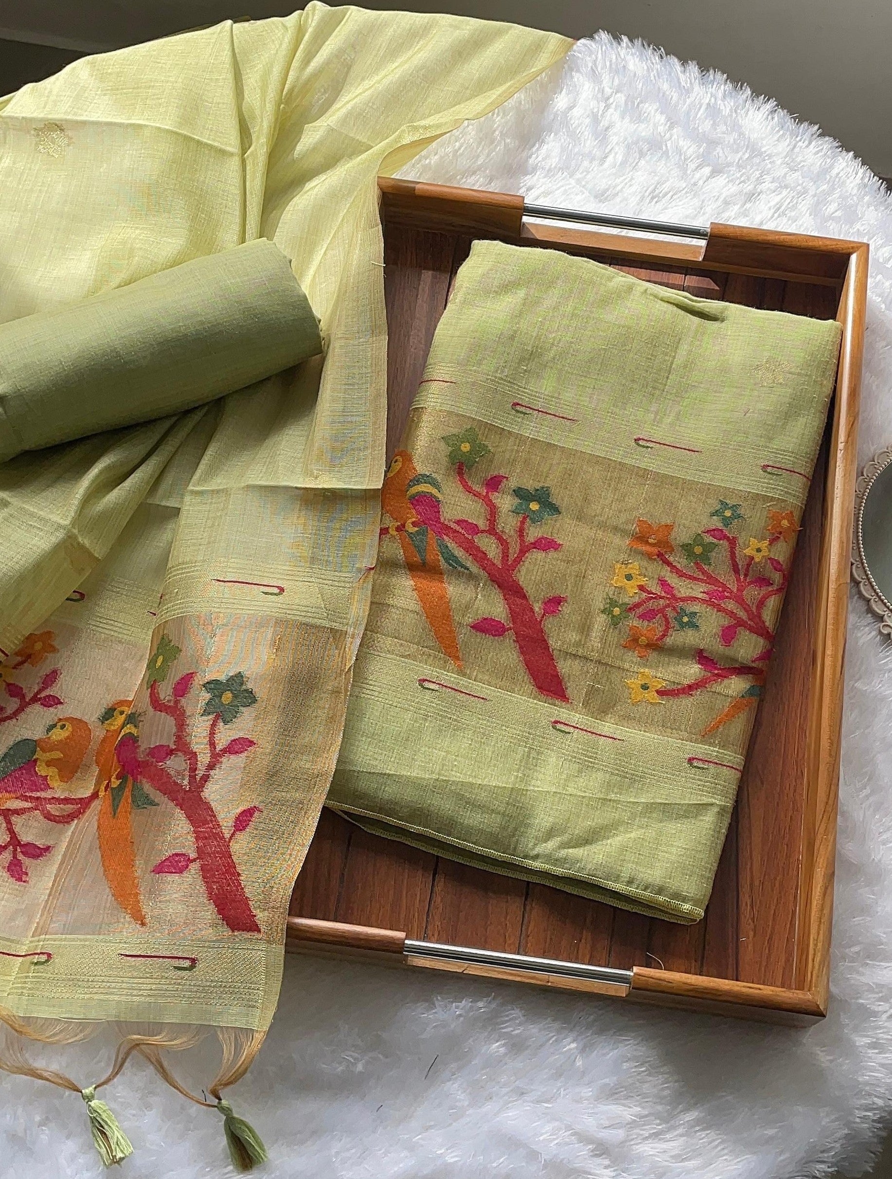 Weave & Wear Green Paithani Muga Cotton Unstitched Suit Set