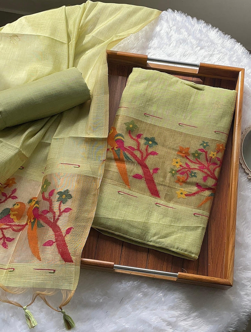 Weave & Wear Green Paithani Muga Cotton Unstitched Suit Set