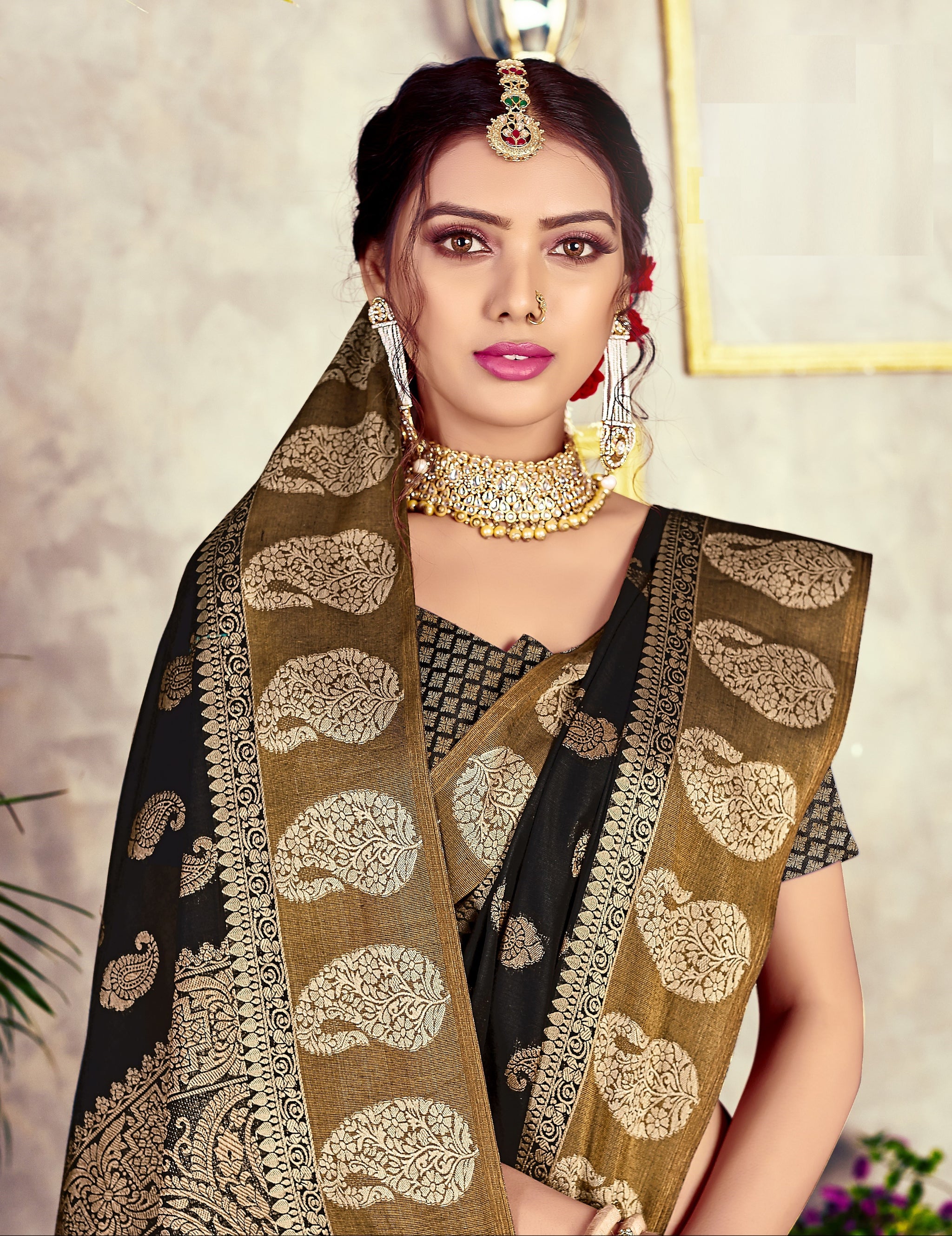 GJ Black Diamond Jade Black Zari Woven Design Cotton Blend Saree