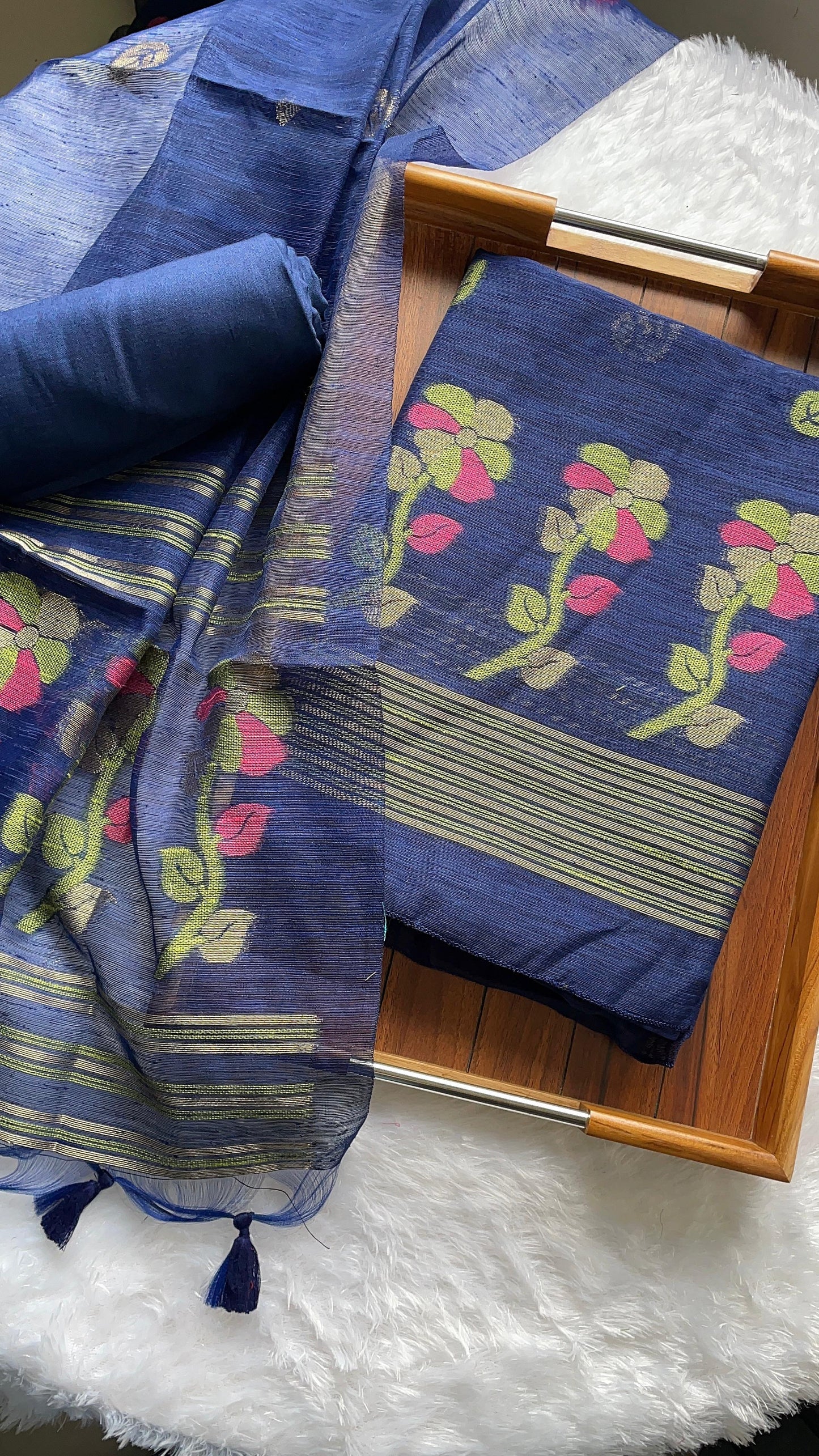 Ethereal Threads Navy Blue Jamdani Muga Silk Unstitched Suit Set