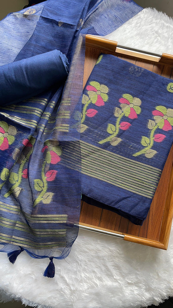 Ethereal Threads Navy Blue Jamdani Muga Silk Unstitched Suit Set