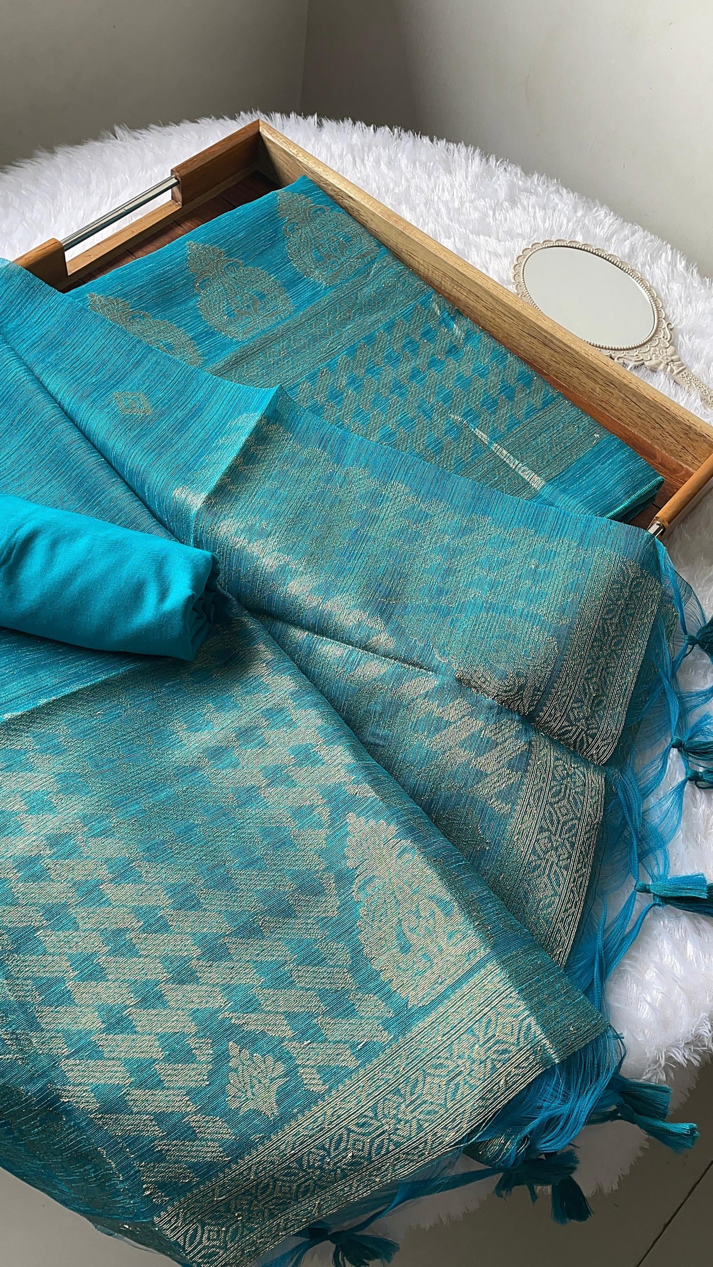 Silken Fold Teal Muga Silk Unstitched Suit Set