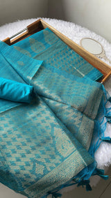 Silken Fold Teal Muga Silk Unstitched Suit Set