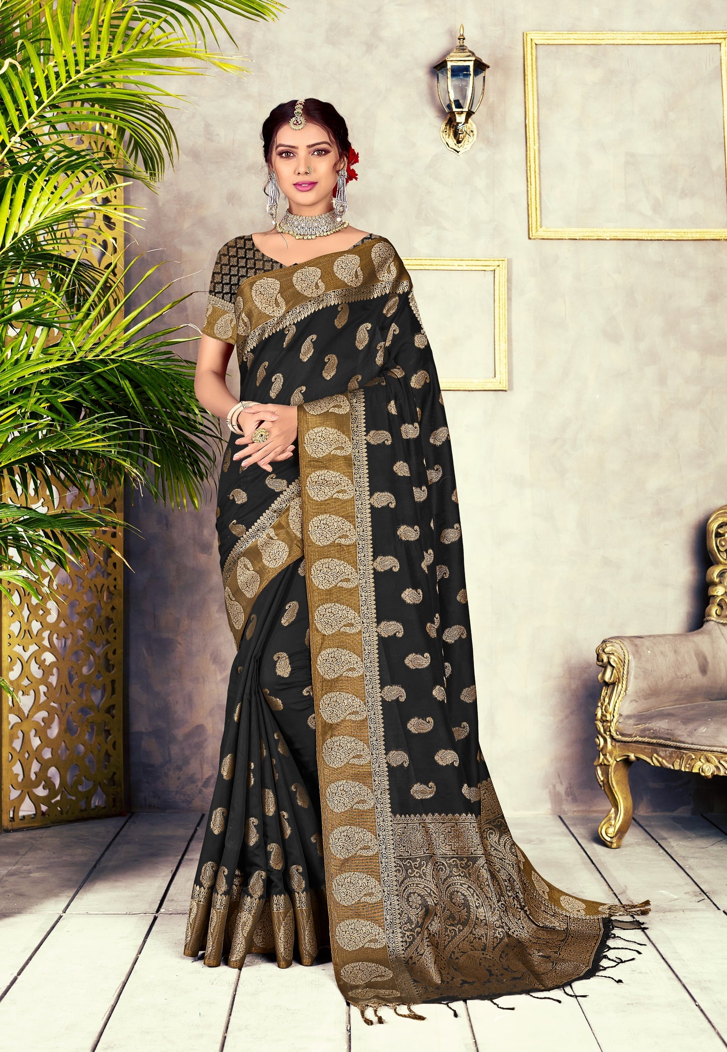 GJ Black Diamond Jade Black Zari Woven Design Cotton Blend Saree