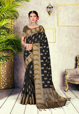 GJ Black Diamond Jade Black Zari Woven Design Cotton Blend Saree