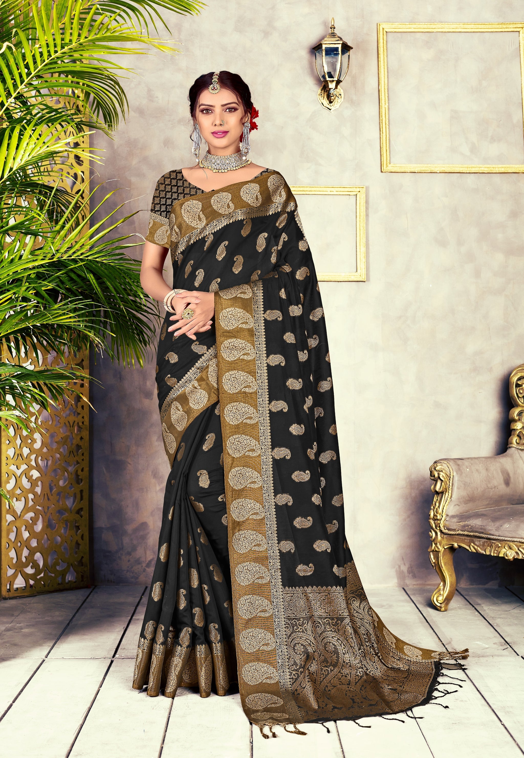 GJ Black Diamond Jade Black Zari Woven Design Cotton Blend Saree