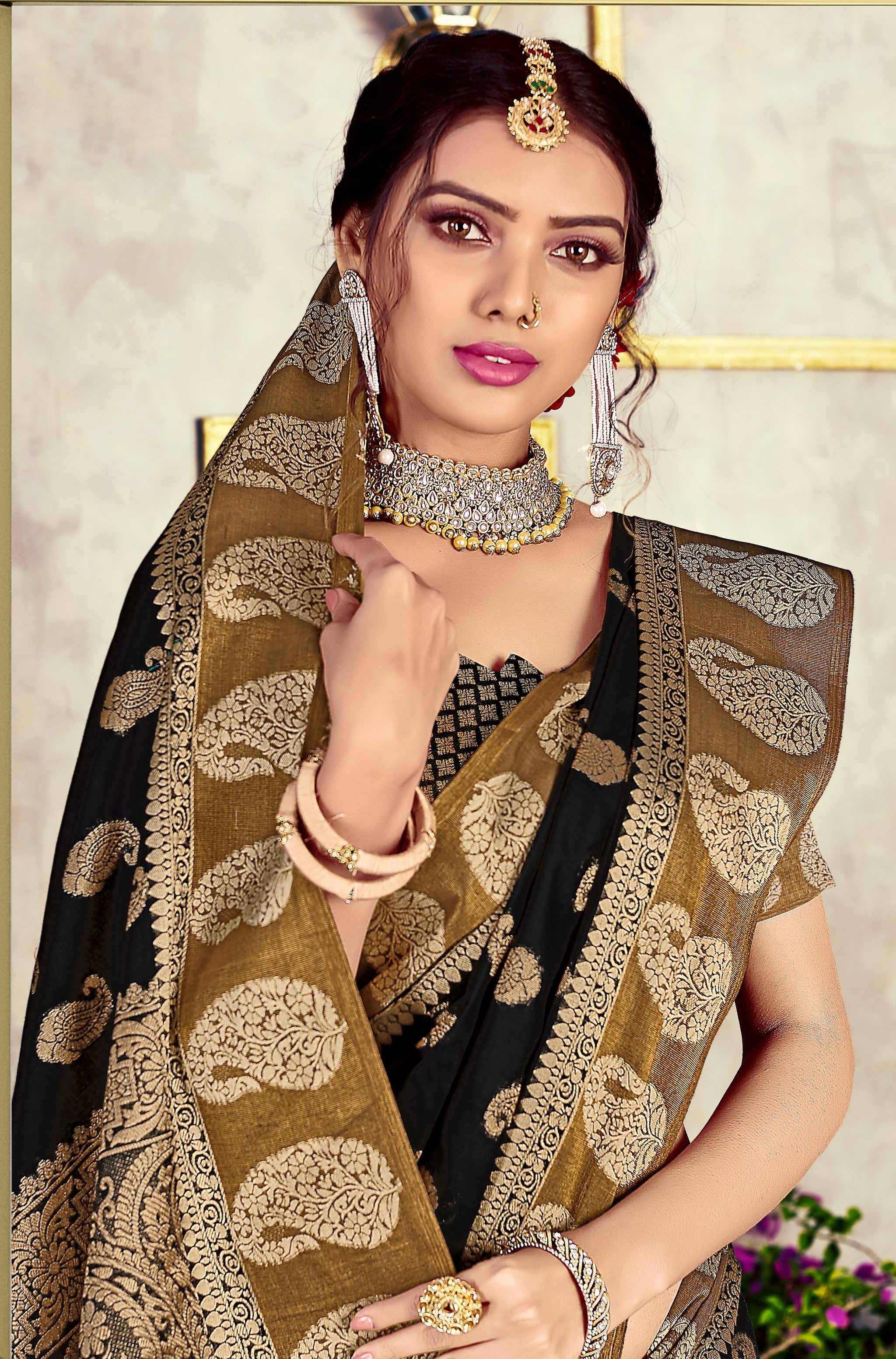 GJ Black Diamond Jade Black Zari Woven Design Cotton Blend Saree