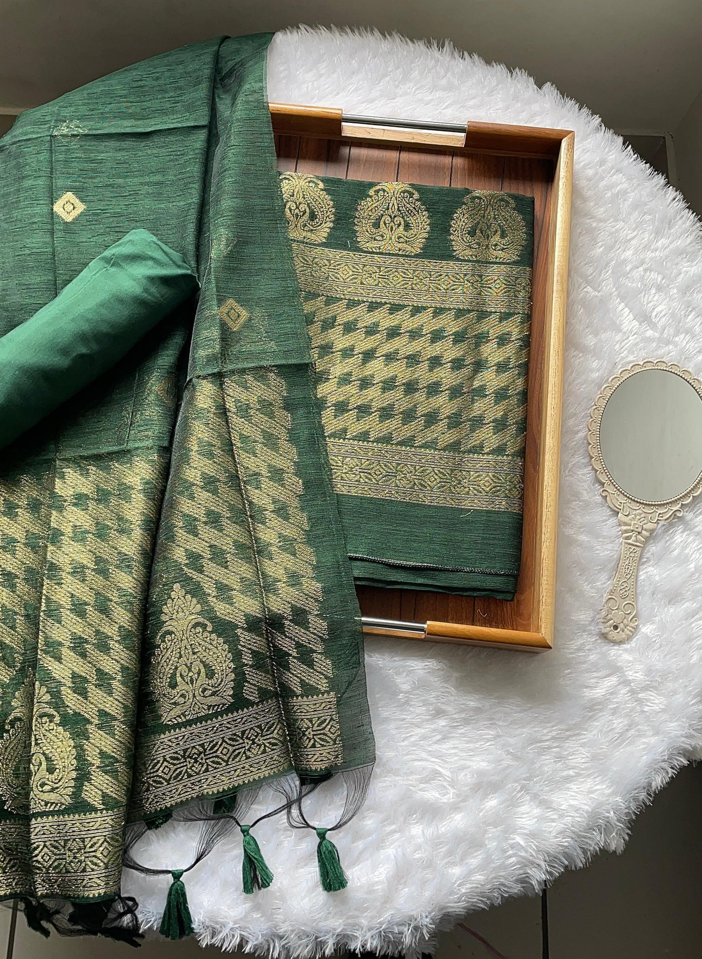 Silken Fold Green Muga Silk Unstitched Suit Set