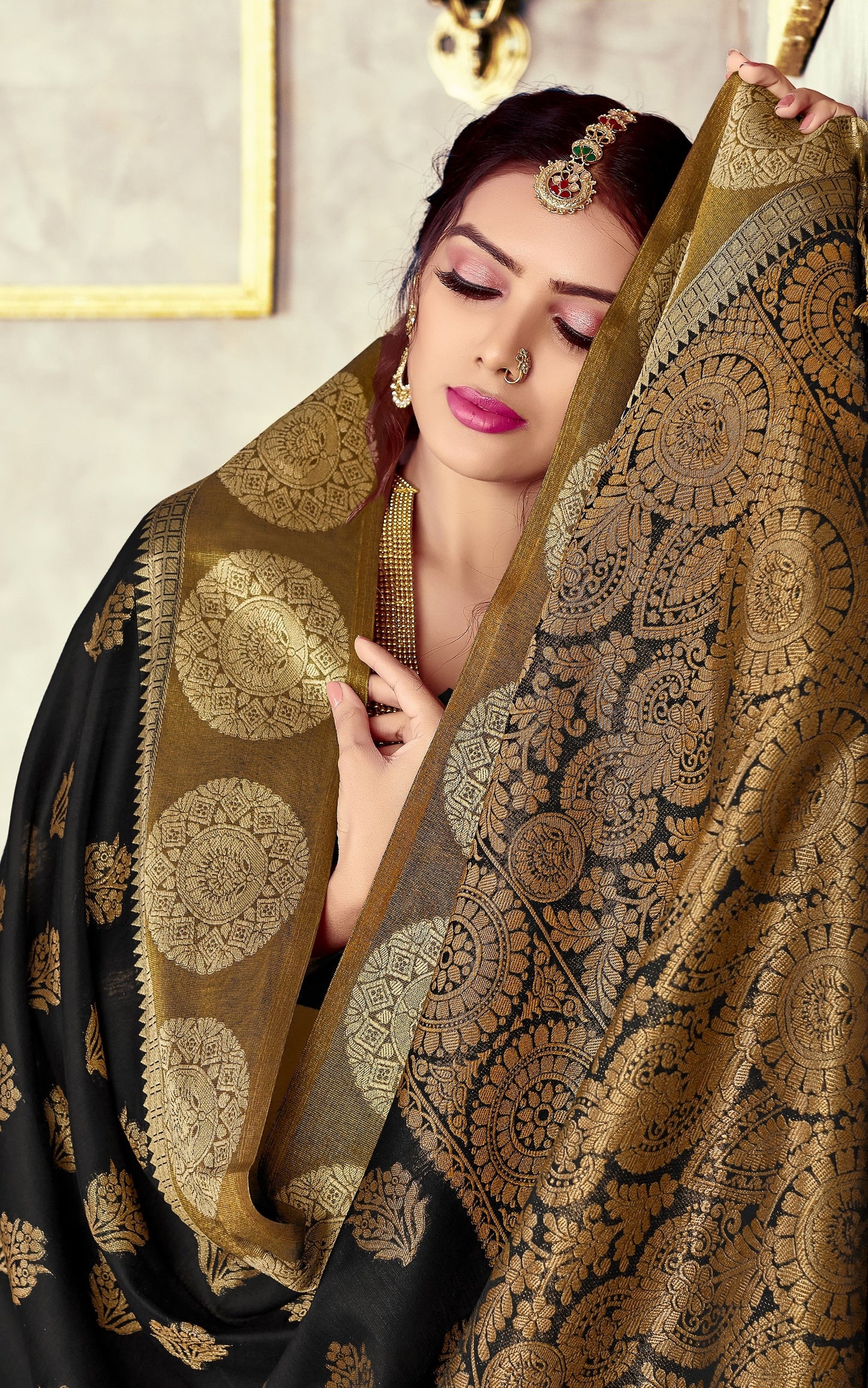 GJ Black Diamond Sable Black Zari Woven Design Cotton Blend Saree