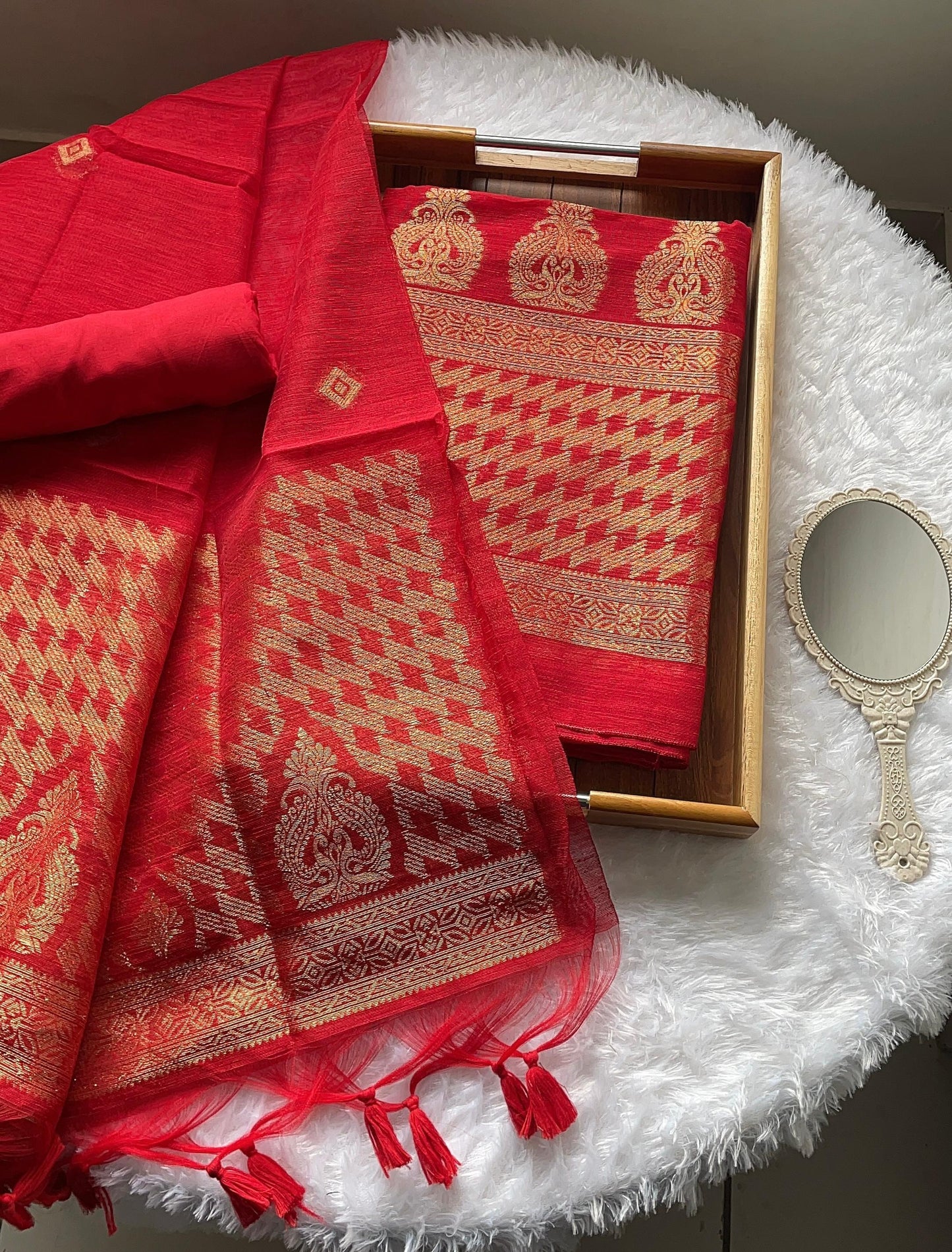 Silken Fold Red Muga Silk Unstitched Suit Set