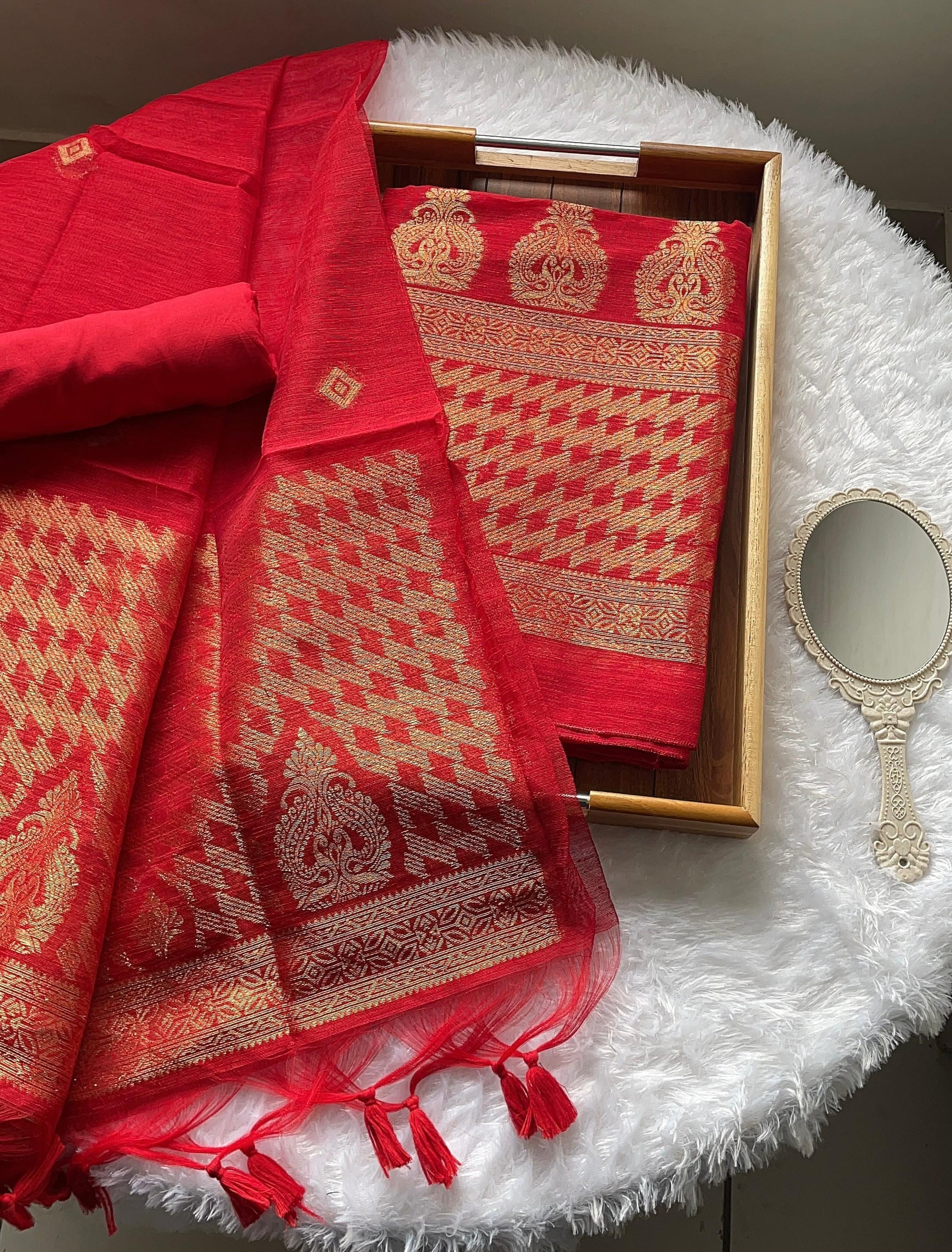 Silken Fold Red Muga Silk Unstitched Suit Set
