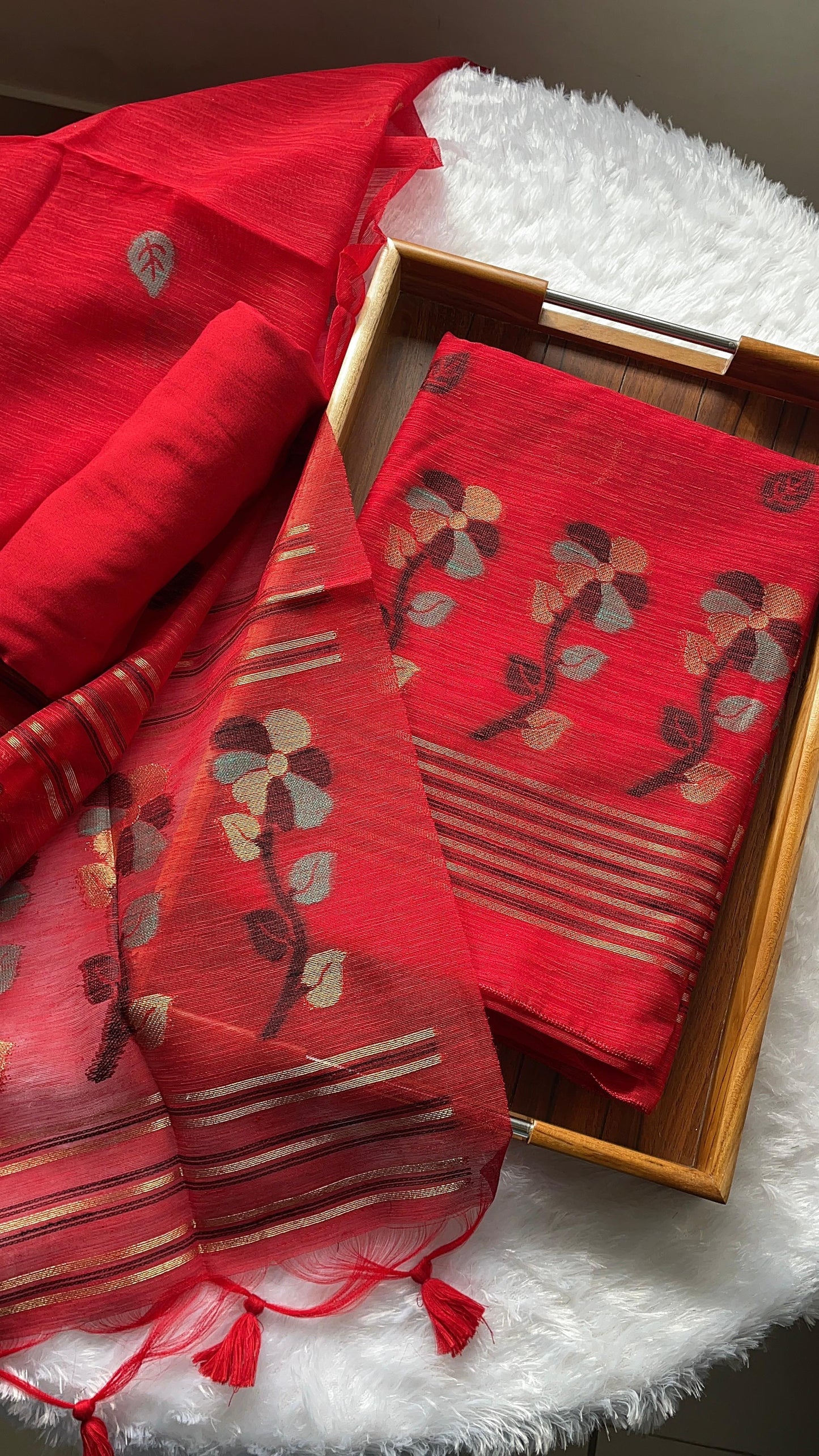 Ethereal Threads Red Jamdani Muga Silk Unstitched Suit Set