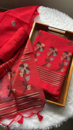 Load image into Gallery viewer, Ethereal Threads Red Jamdani Muga Silk Unstitched Suit Set
