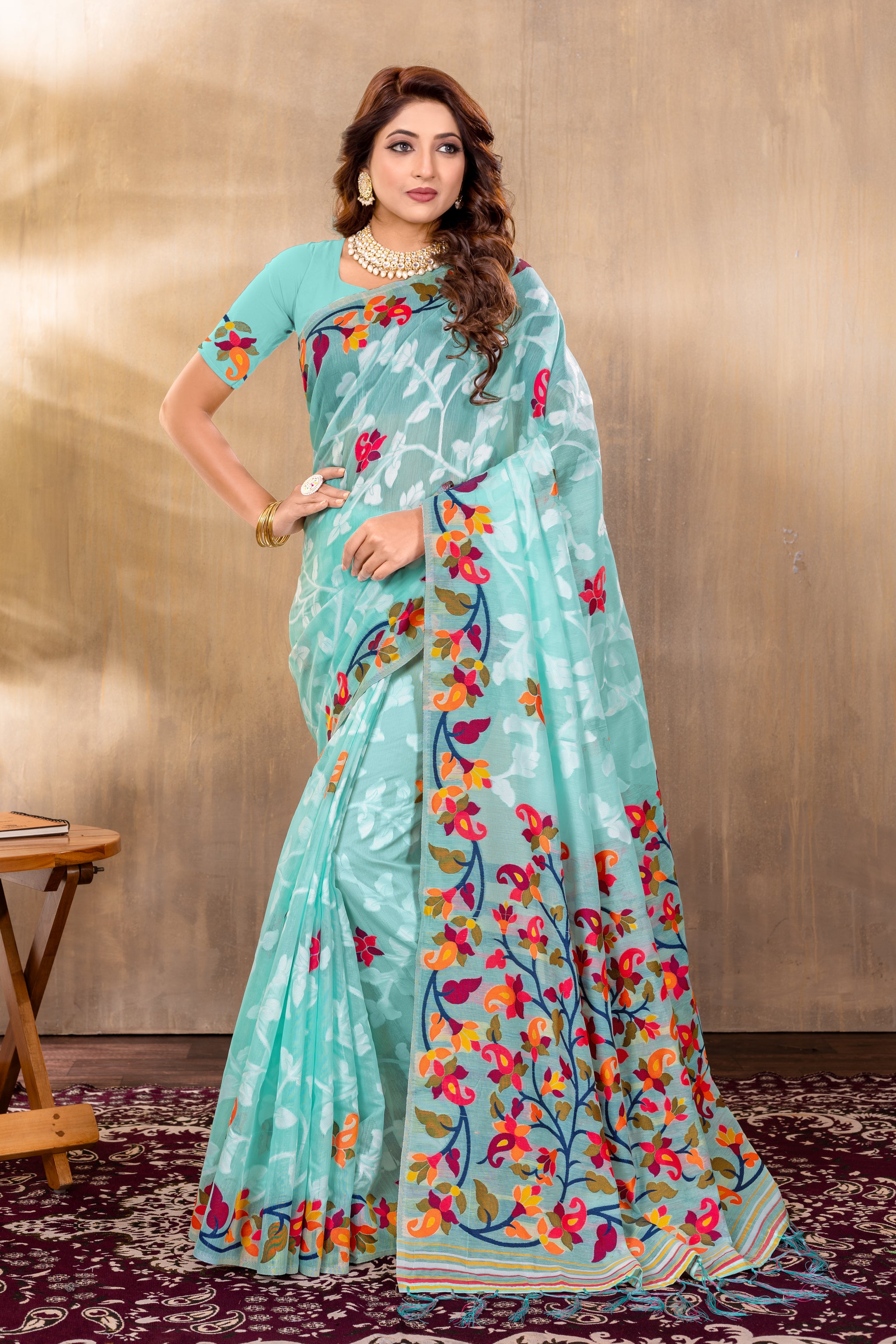 Suhani Sky Blue Cotton Jamdani Saree