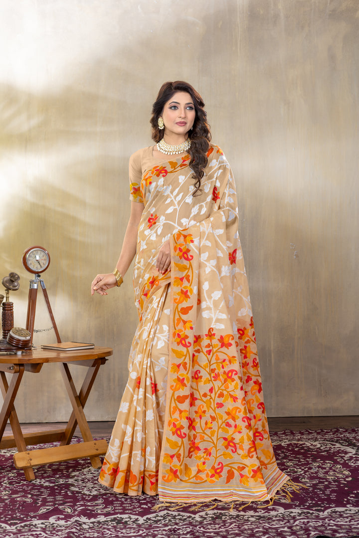 Suhani Beige Cotton Jamdani Saree