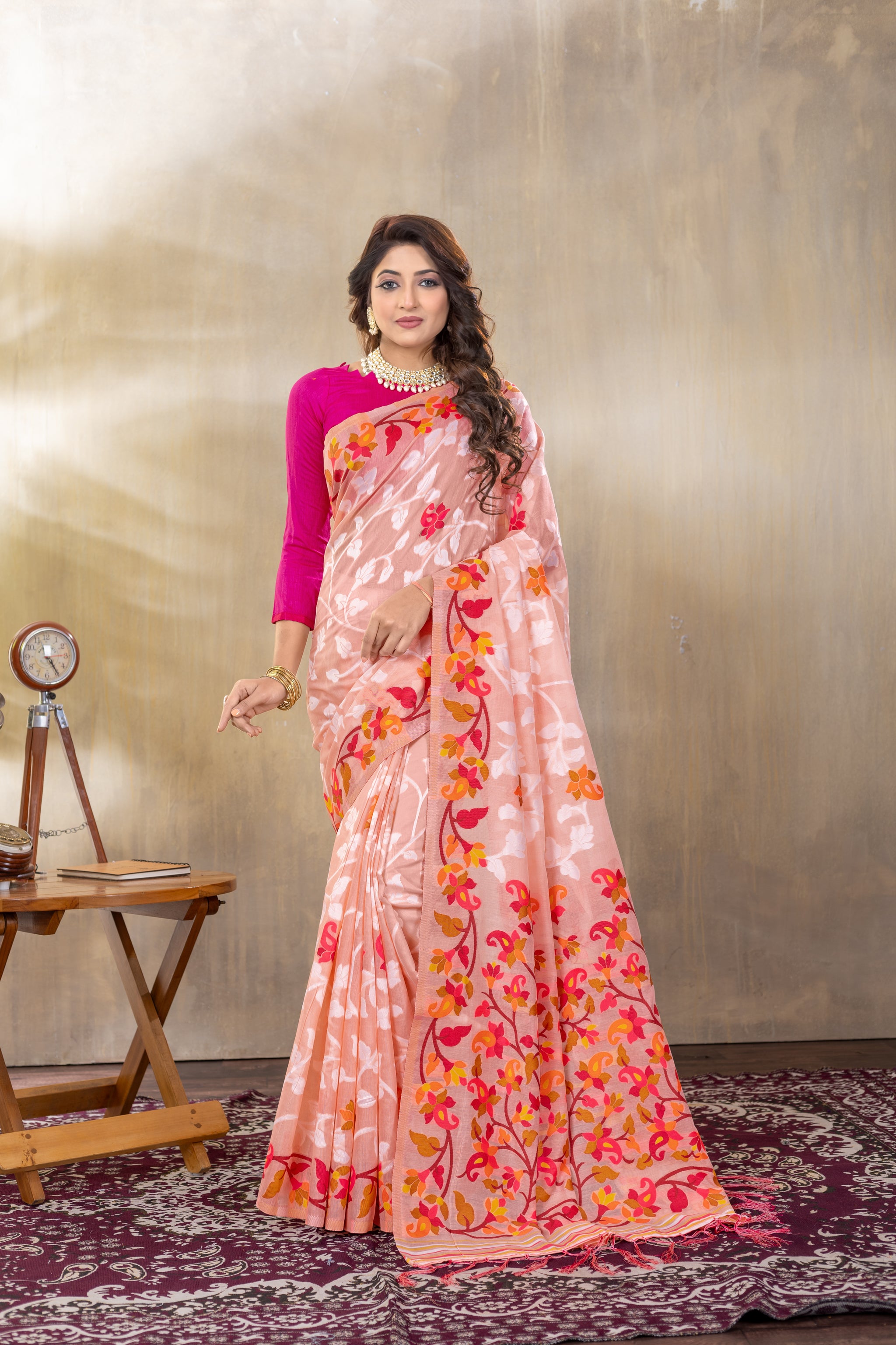 Suhani Peach Cotton Jamdani Saree