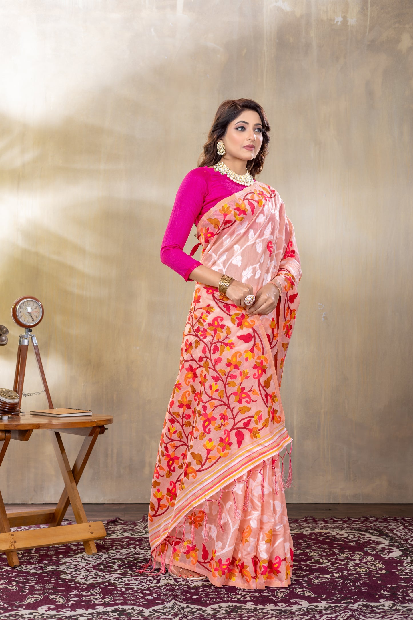 Suhani Peach Cotton Jamdani Saree