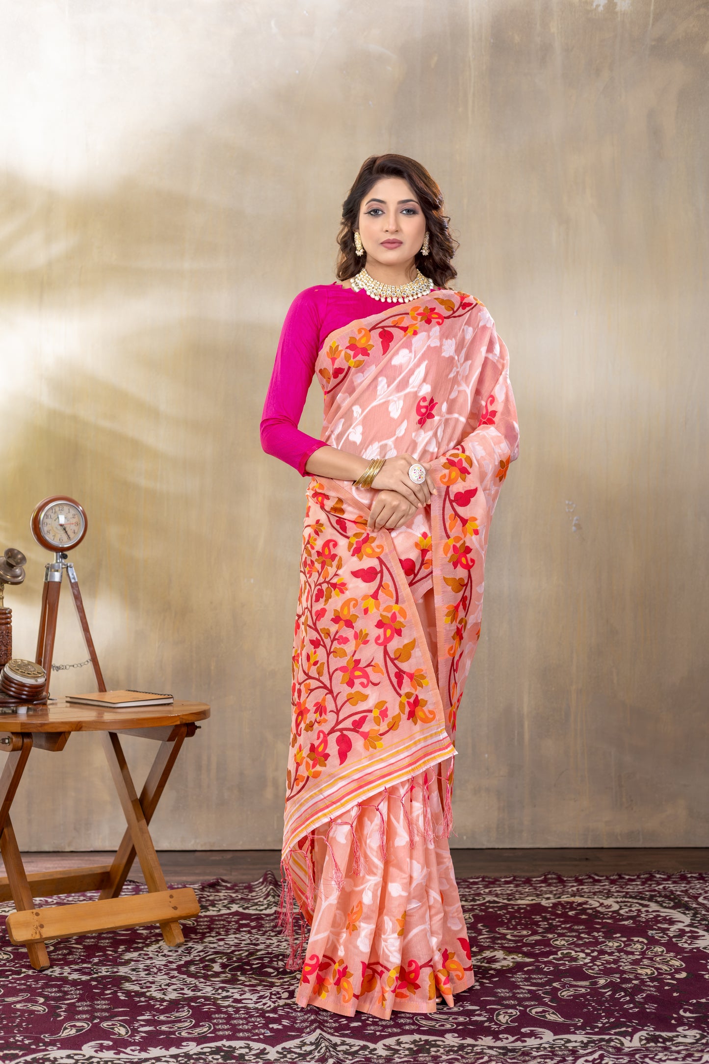 Suhani Peach Cotton Jamdani Saree