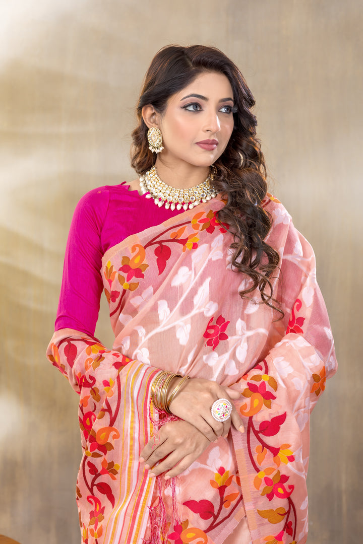 Suhani Peach Cotton Jamdani Saree
