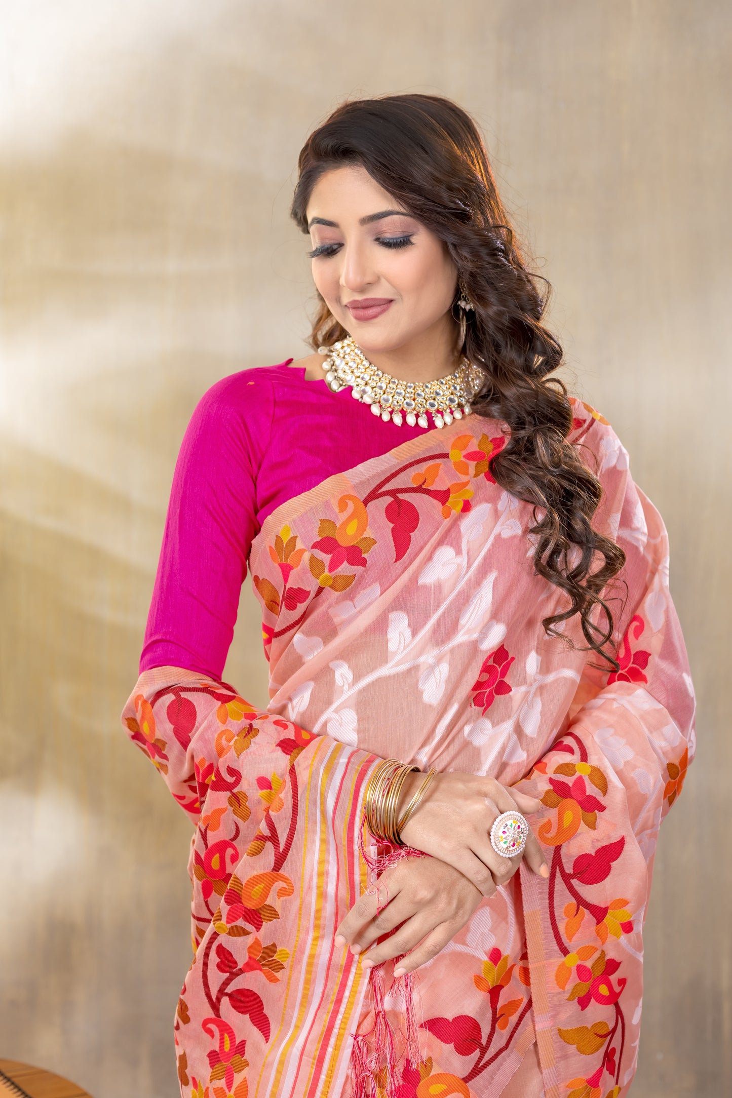 Suhani Peach Cotton Jamdani Saree