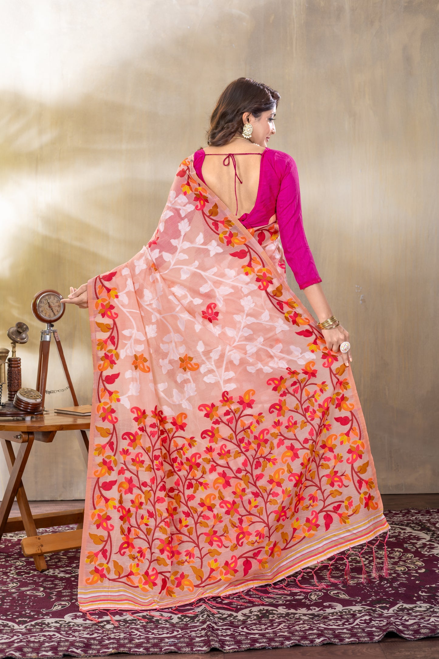 Suhani Peach Cotton Jamdani Saree