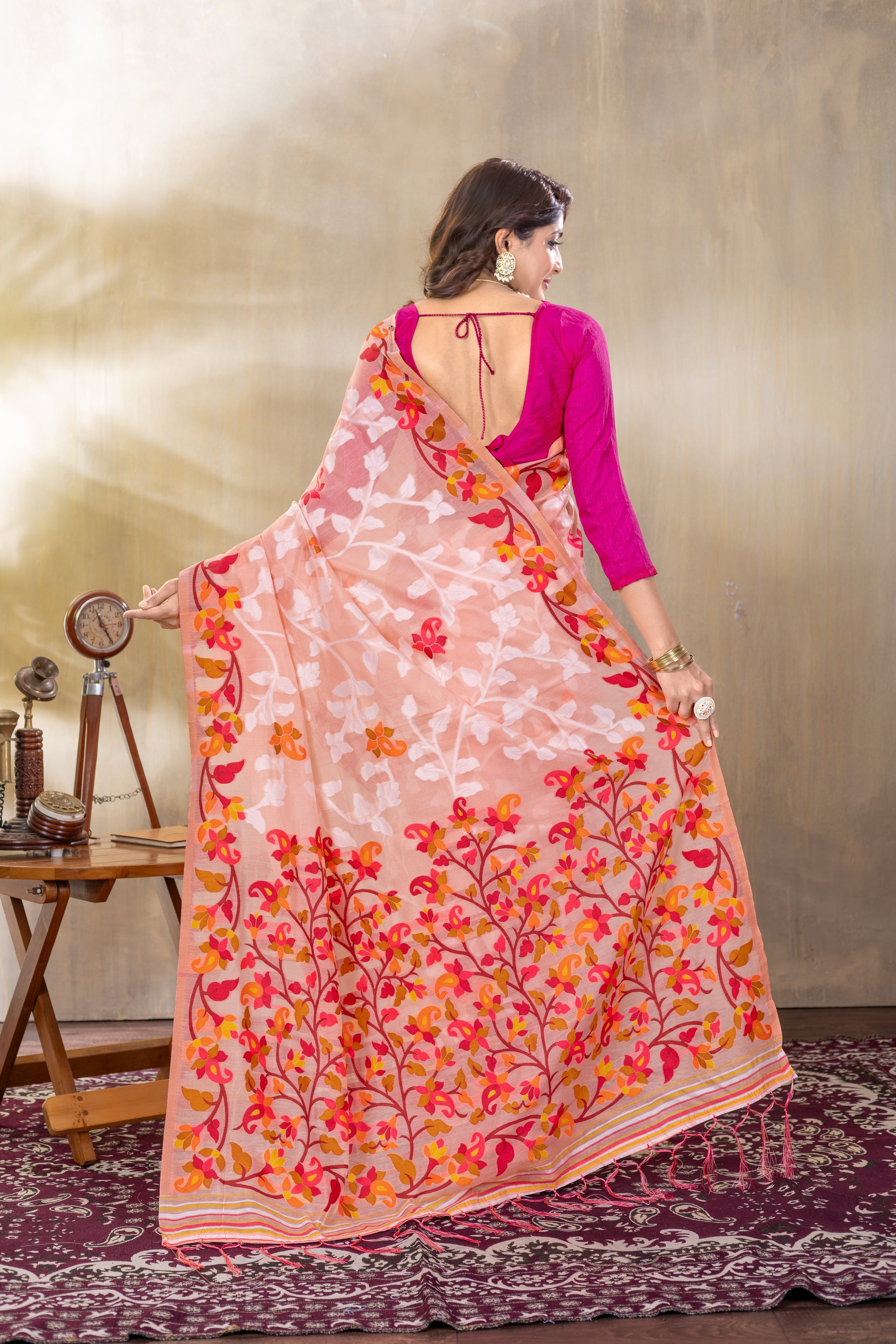 Suhani Peach Cotton Jamdani Saree