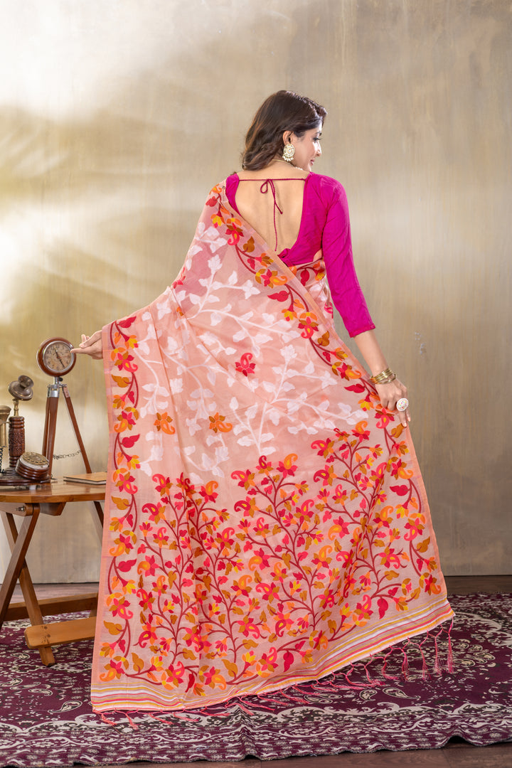 Suhani Peach Cotton Jamdani Saree