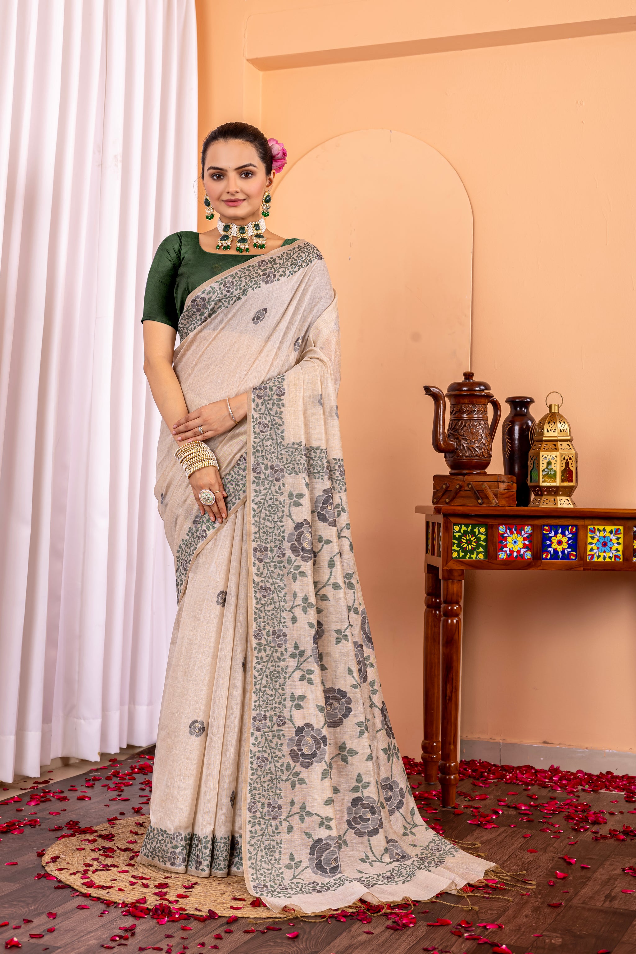 Kamakshi Leaf Green Pure Mul Cotton Jamdani Saree