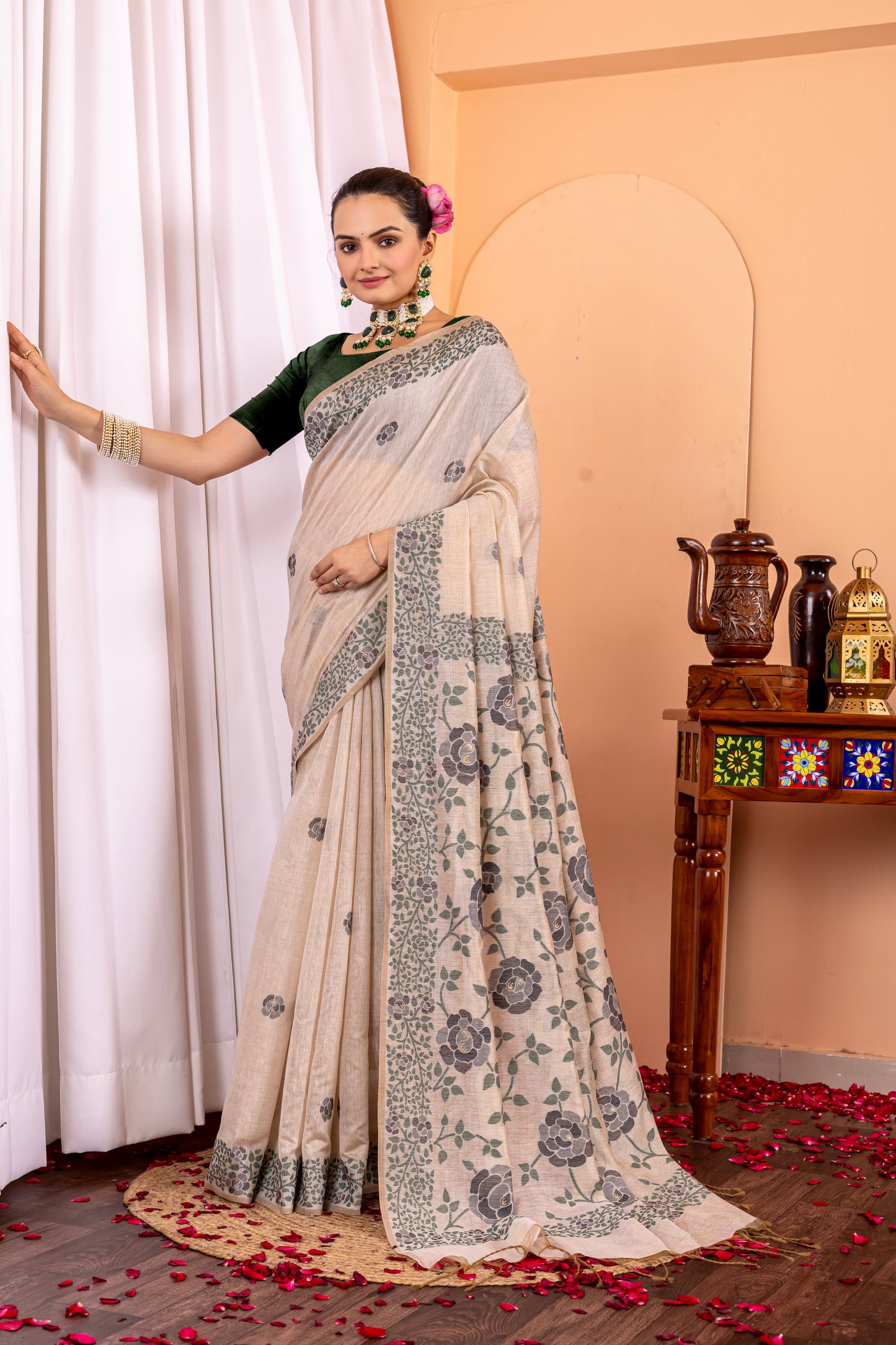 Kamakshi Leaf Green Pure Mul Cotton Jamdani Saree