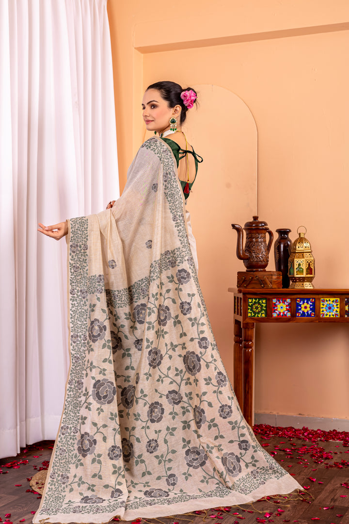 Kamakshi Leaf Green Pure Mul Cotton Jamdani Saree