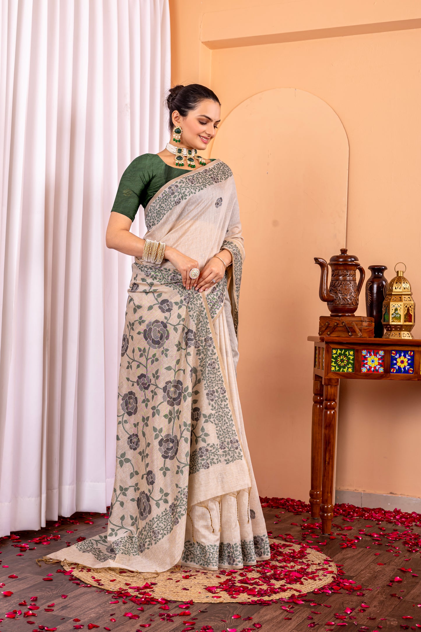 Kamakshi Leaf Green Pure Mul Cotton Jamdani Saree