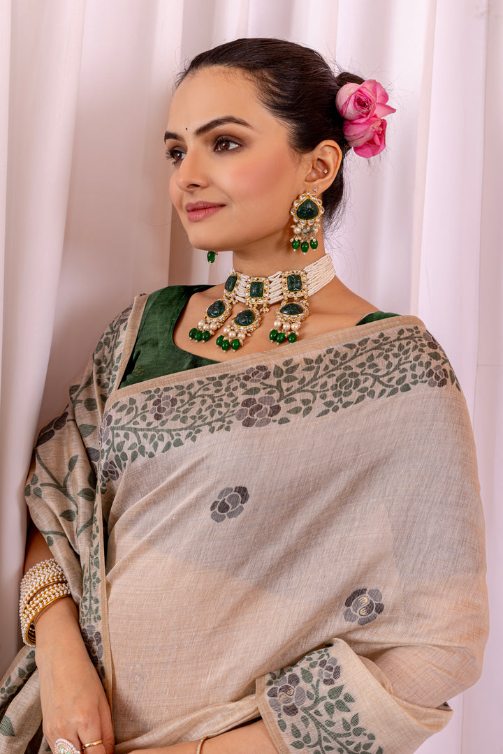 Kamakshi Leaf Green Pure Mul Cotton Jamdani Saree