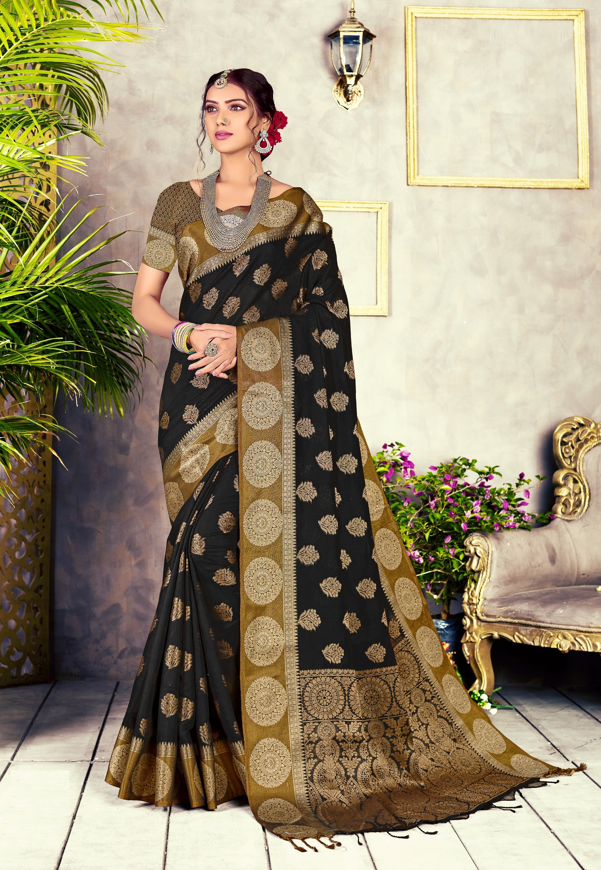 GJ Black Diamond Sable Black Zari Woven Design Cotton Blend Saree