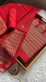 Silken Fold Red Muga Silk Unstitched Suit Set