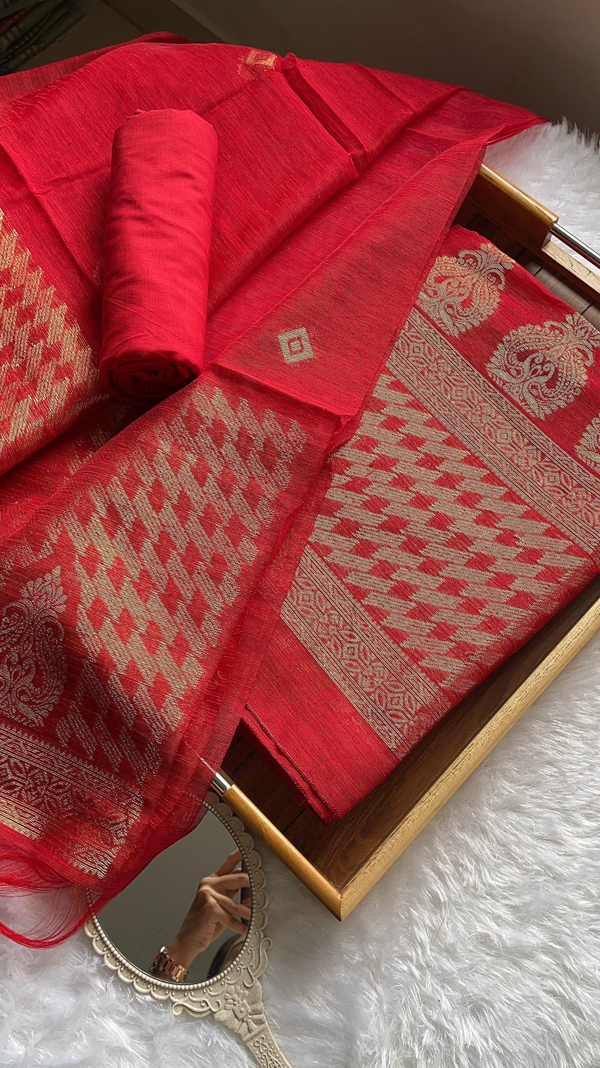 Silken Fold Red Muga Silk Unstitched Suit Set