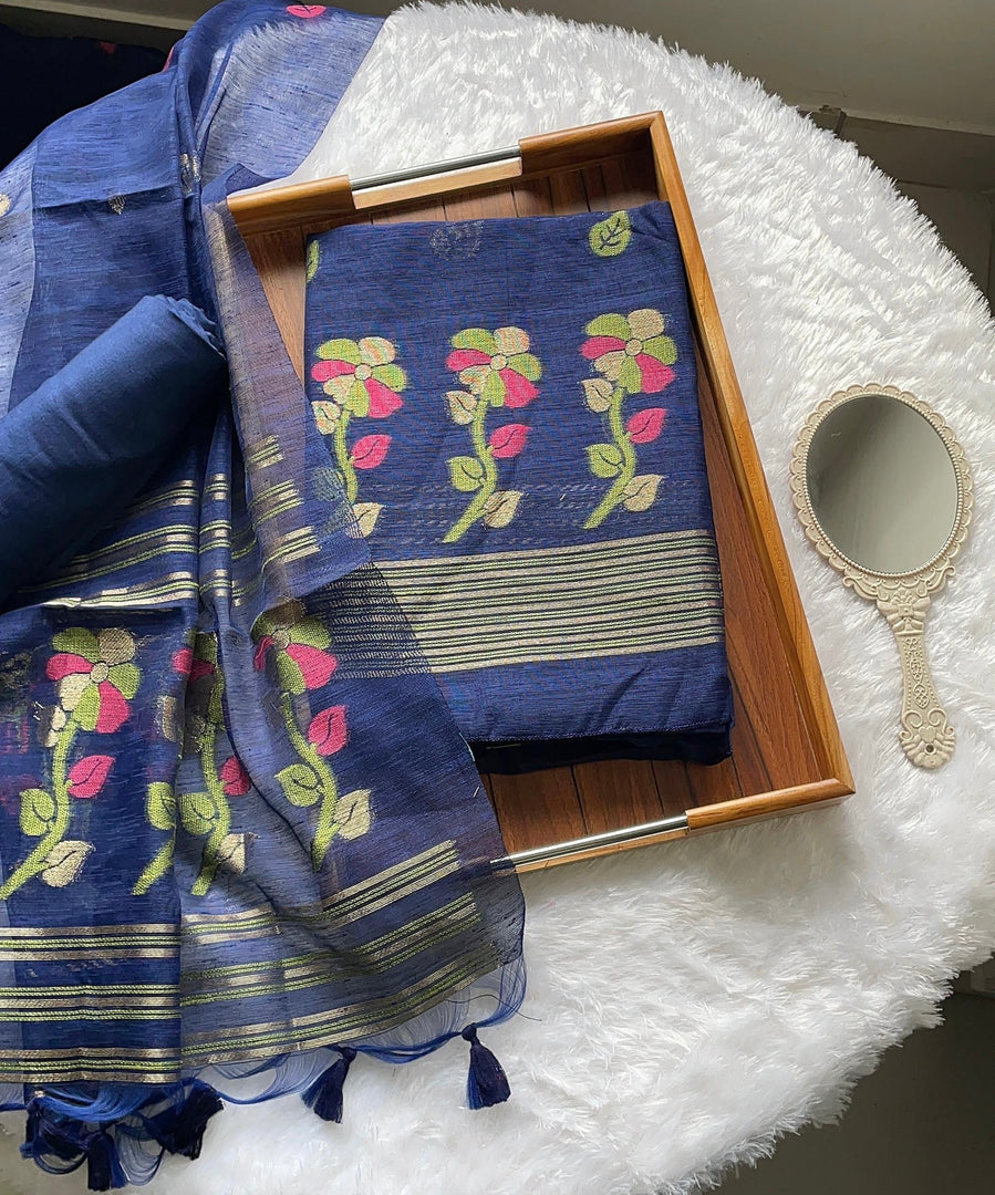 Ethereal Threads Navy Blue Jamdani Muga Silk Unstitched Suit Set